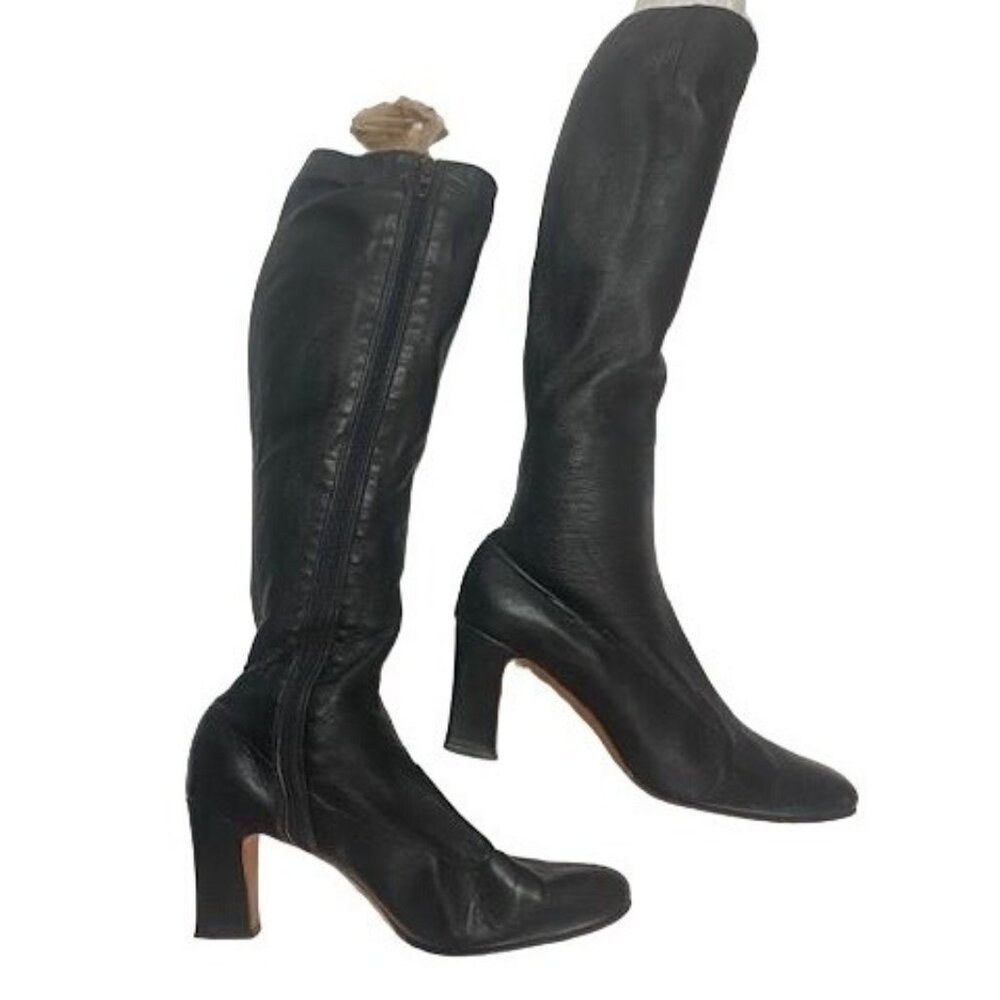 Vintage Amano Bootier Women's Black Leather Knee-High Go Go Boots‎ With Heels